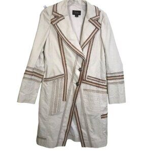 Cole Haan Cotton Lambskin Leather Detail Boho Trench Coat Jacket Fitted Pockets